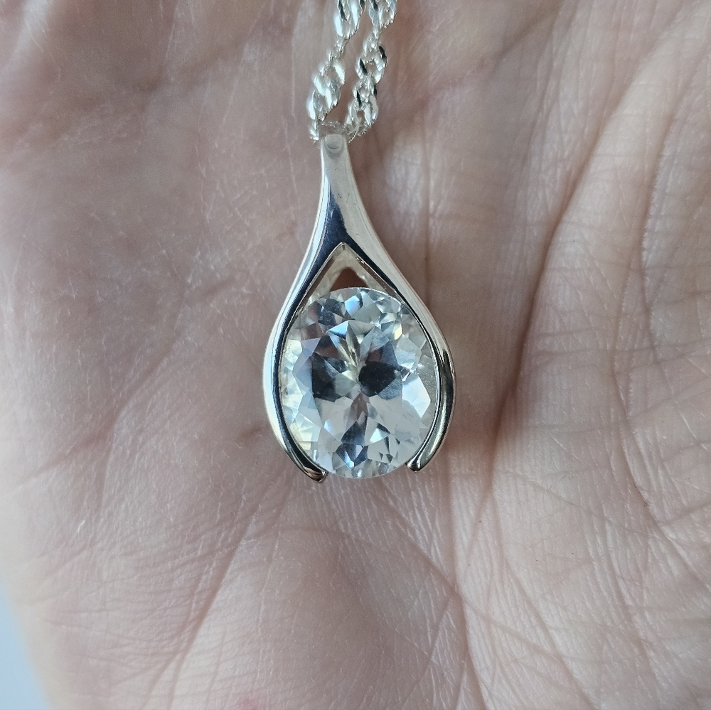 Vintage Natural Topaz Wishbone Style Sterling Silver Pendant & Necklace 20" - Picture 8 of 9